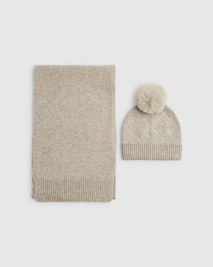 Beige Monogram Embellished Scarf set