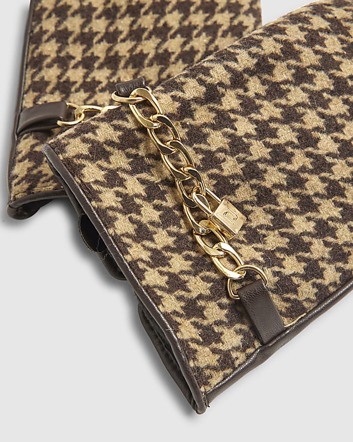 Brown Dogtooth Chain Detail Gloves