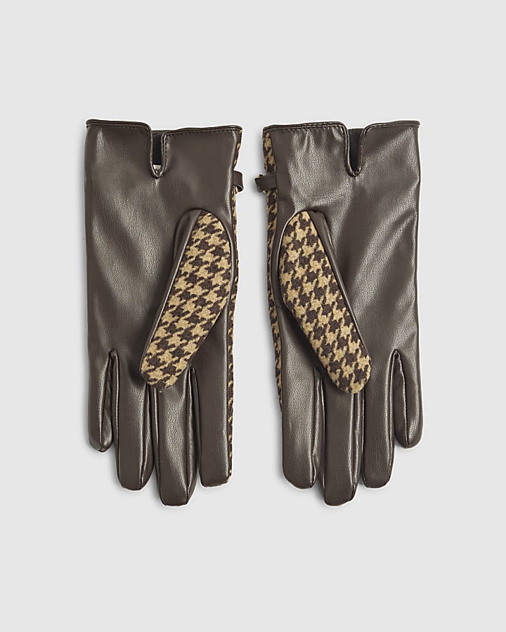 Brown Dogtooth Chain Detail Gloves