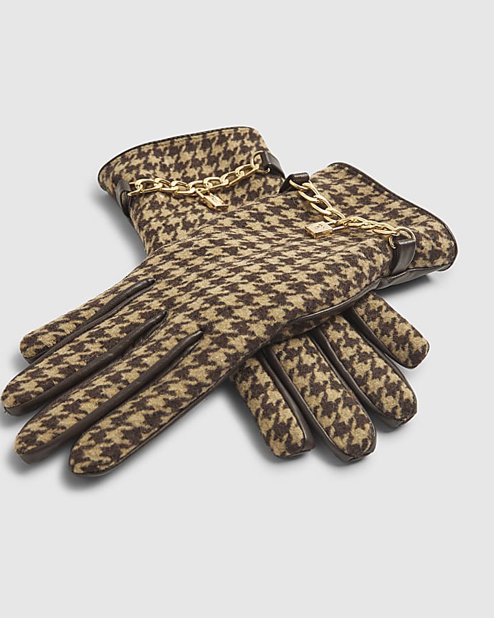 Brown Dogtooth Chain Detail Gloves