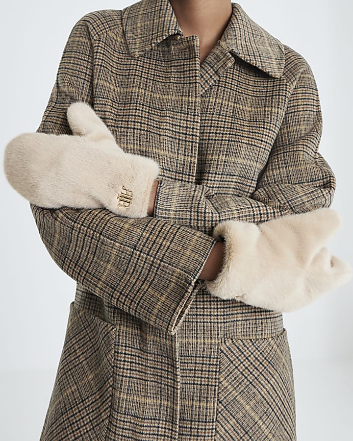Beige Faux Fur Mittens