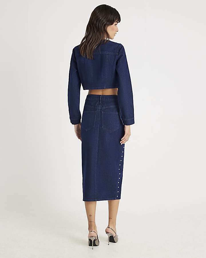 Denim Studded Midi Pencil Skirt