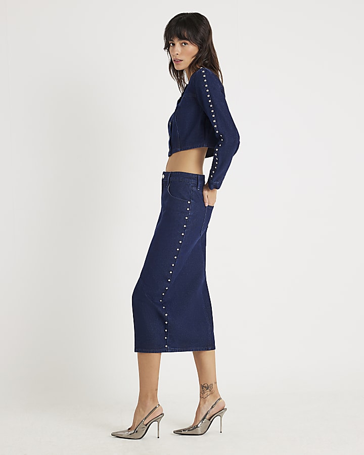 Denim Studded Midi Pencil Skirt