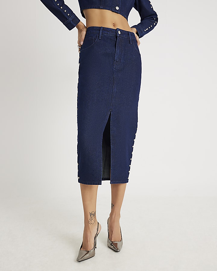 Denim Studded Midi Pencil Skirt