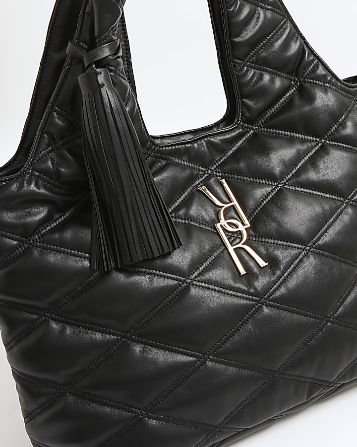 Black Oversized Quilted RR Tassel Slouch Bag