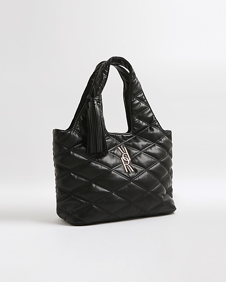 Black Oversized Quilted RR Tassel Slouch Bag