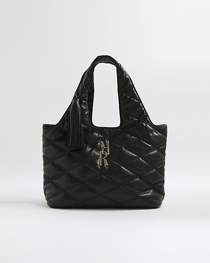 Black Oversized Quilted RR Tassel Slouch Bag