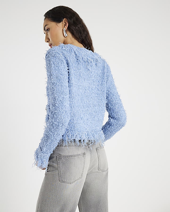 Blue Boucle Long Sleeve Cardigan