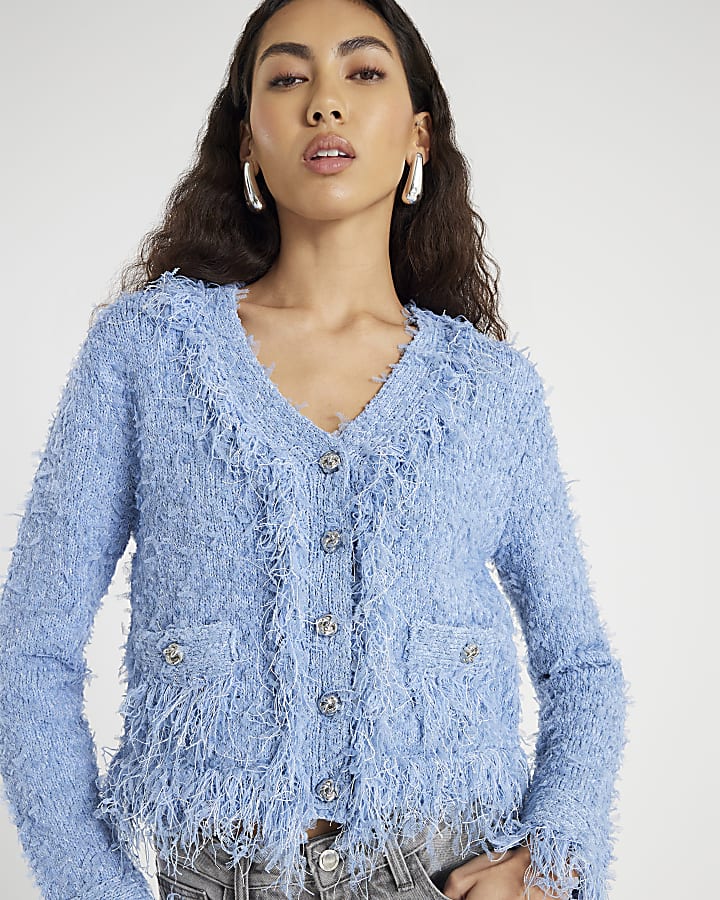 Blue Boucle Long Sleeve Cardigan