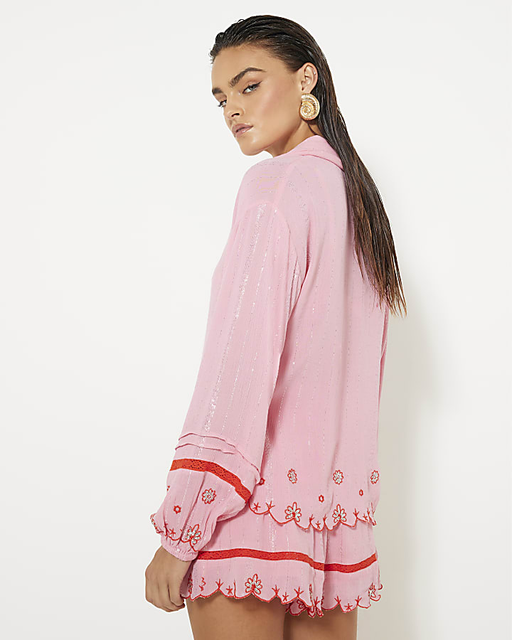 Pink Long Sleeve Embroidered Beach Shirt