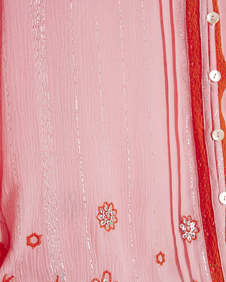 Pink Long Sleeve Embroidered Beach Shirt