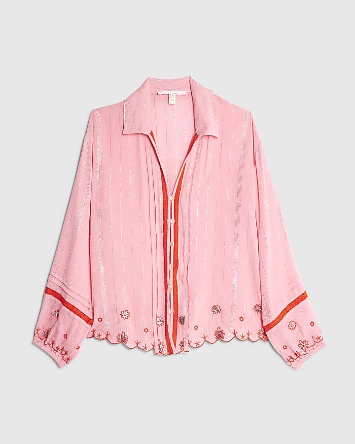Pink Long Sleeve Embroidered Beach Shirt