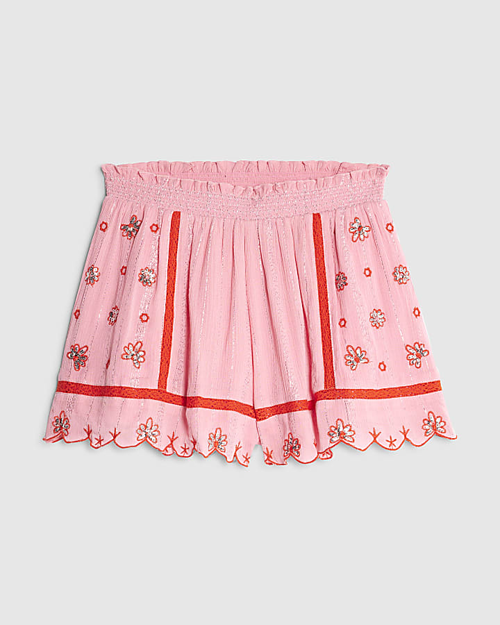 Pink Mixed Embroidered Floral Shorts