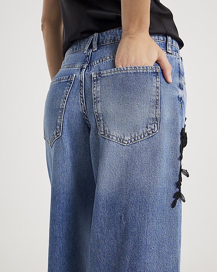 Blue Low Rise Baggy Floral Applique Jeans