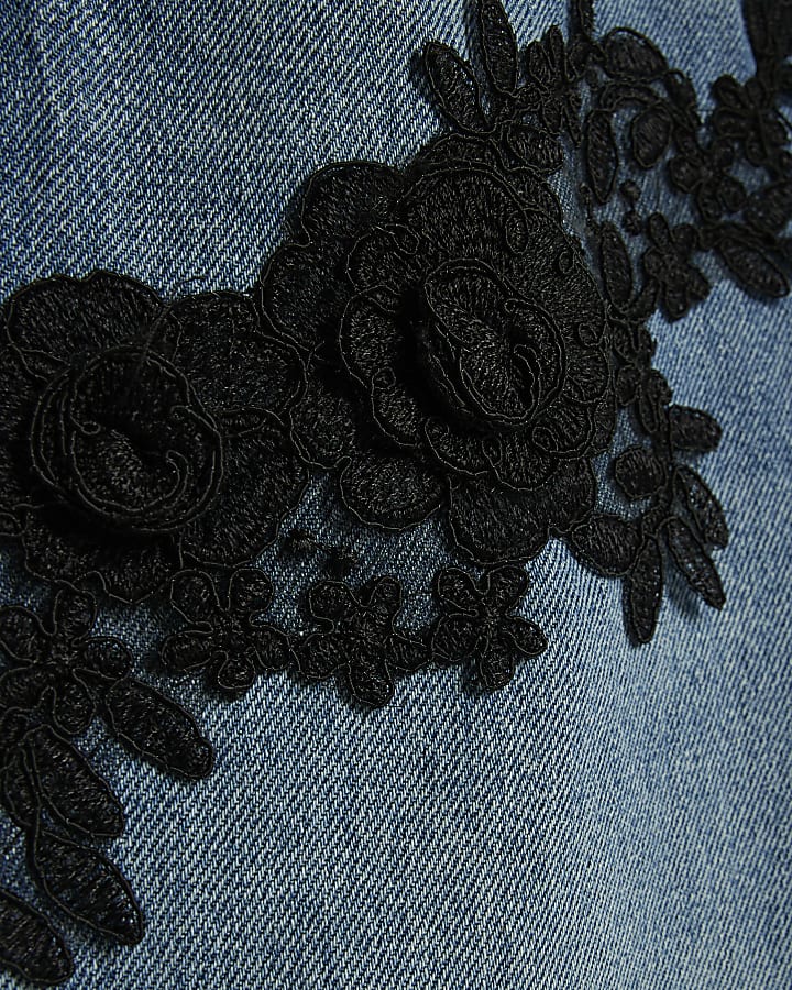 Blue Low Rise Baggy Floral Applique Jeans