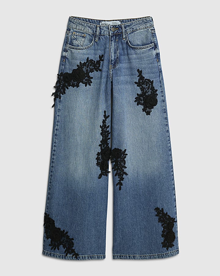 Blue Low Rise Baggy Floral Applique Jeans