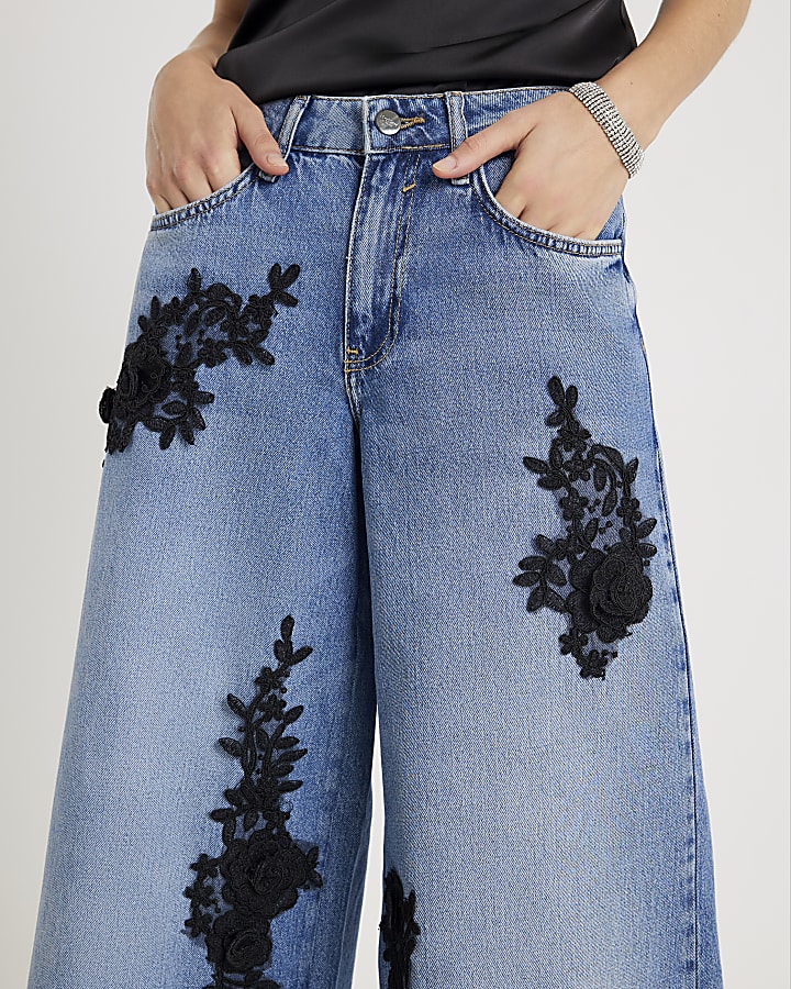 Blue Low Rise Baggy Floral Applique Jeans
