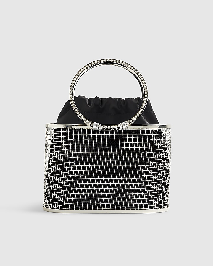 Silver Diamante Flower Basket Bag