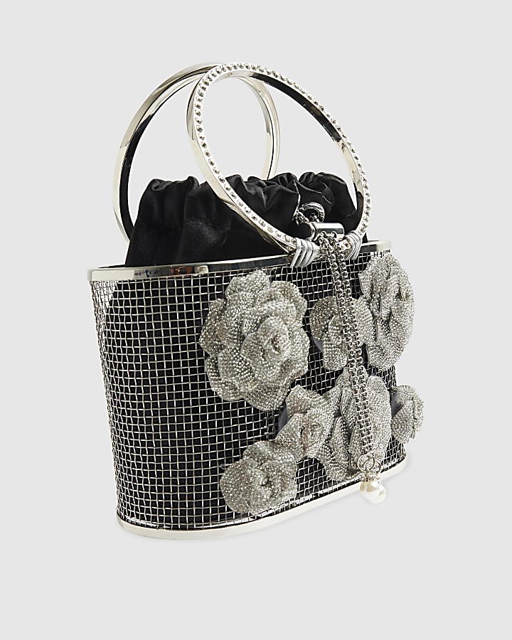 Silver Diamante Flower Basket Bag