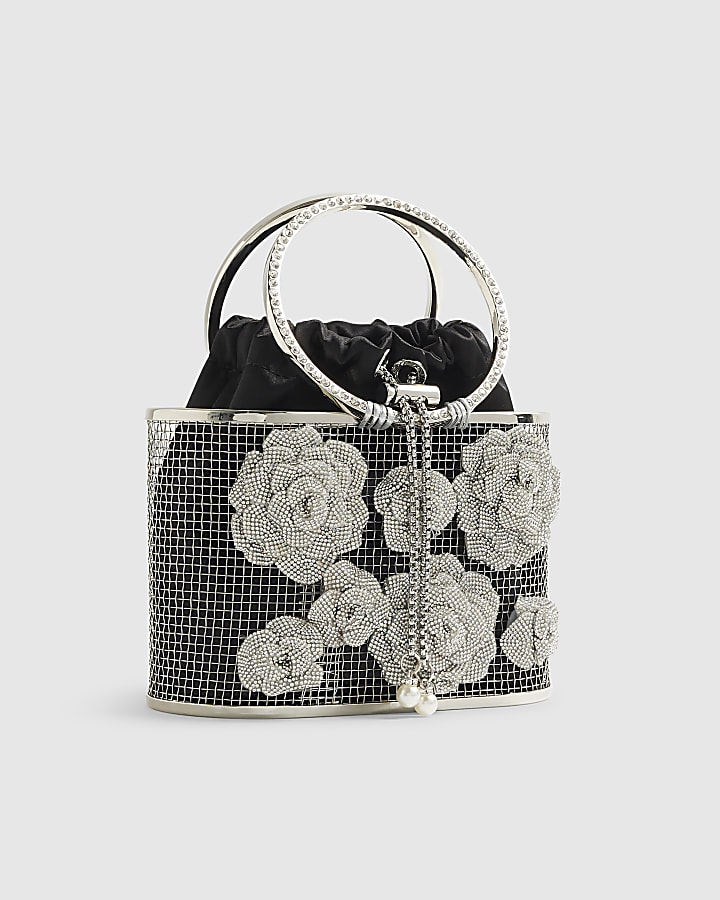 Silver Diamante Flower Basket Bag