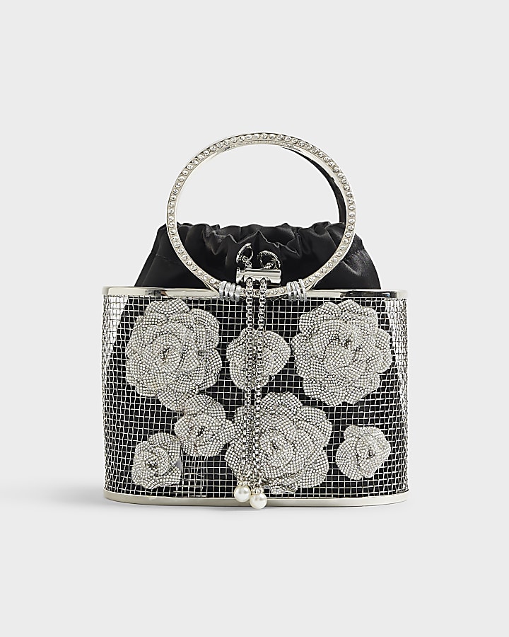 Silver Diamante Flower Basket Bag
