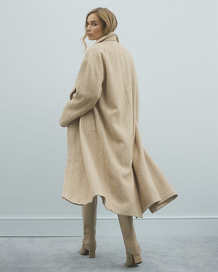 Beige Herringbone Waterfall Collar Twill Coat
