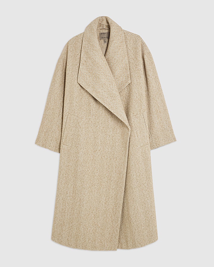 Beige Herringbone Waterfall Collar Twill Coat
