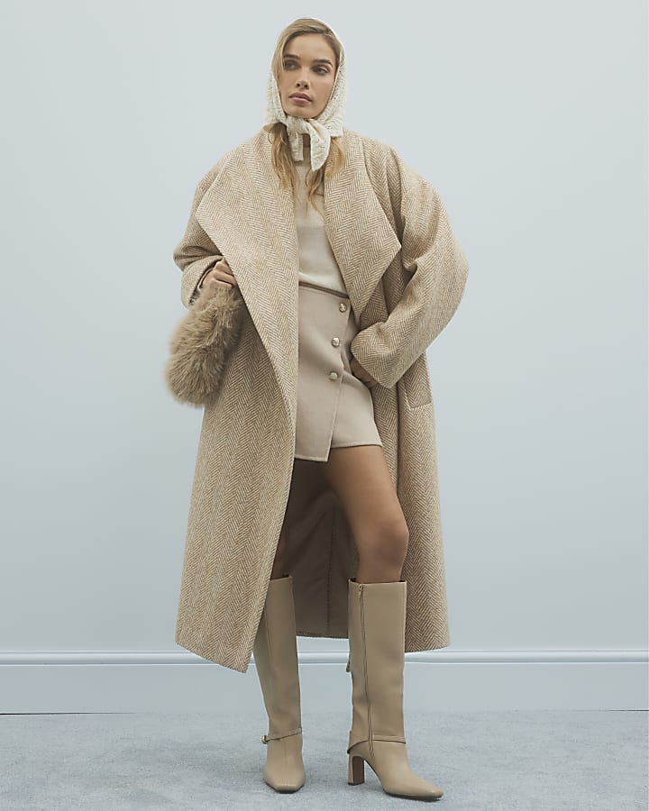 Beige Herringbone Waterfall Collar Twill Coat