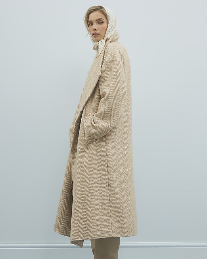 Beige Herringbone Waterfall Collar Twill Coat