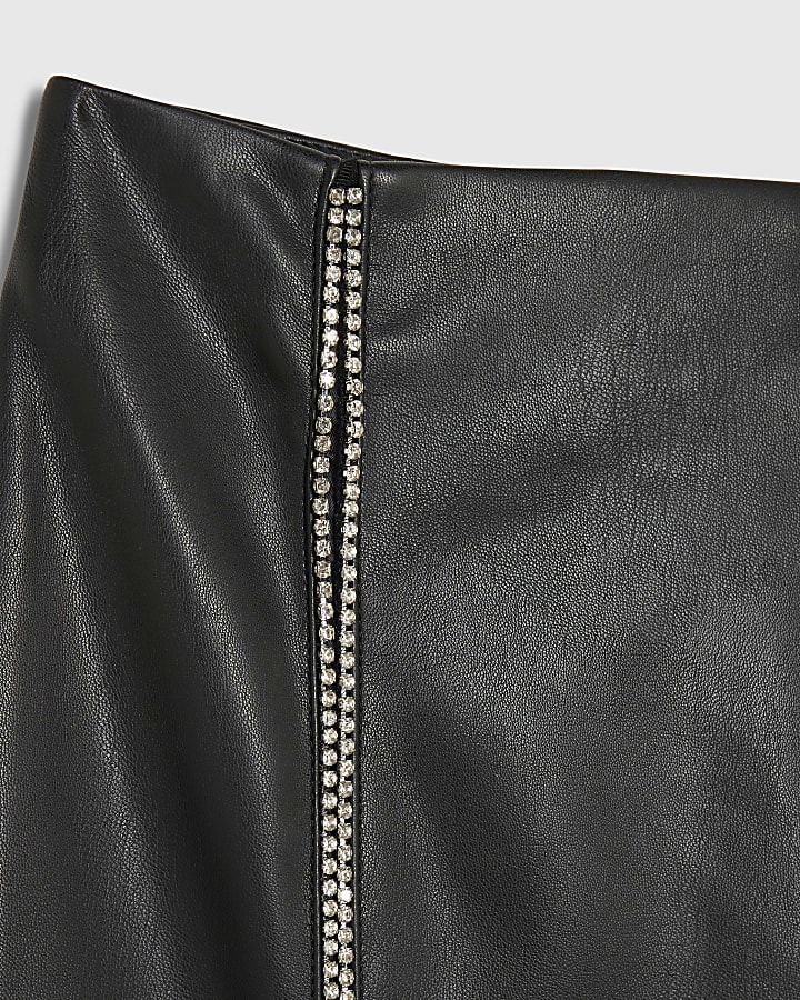 Black Embellished Faux Leather Midi Skirt
