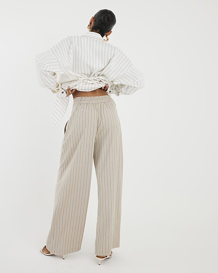 Beige Stripe Wide Leg Trousers