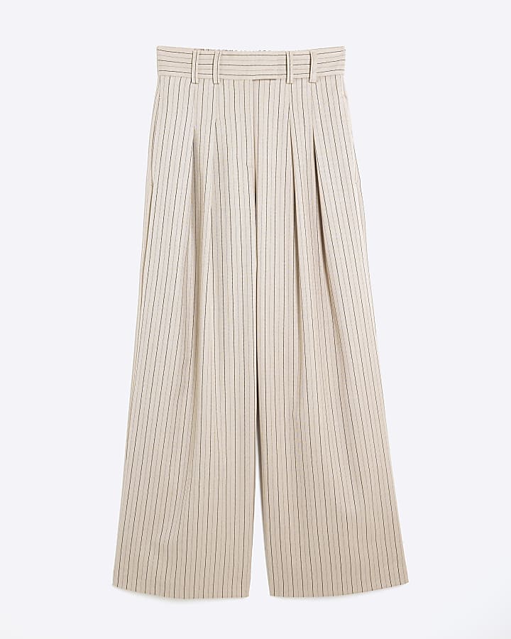 Beige Stripe Wide Leg Trousers