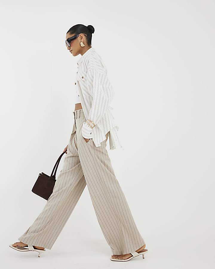 Beige Stripe Wide Leg Trousers