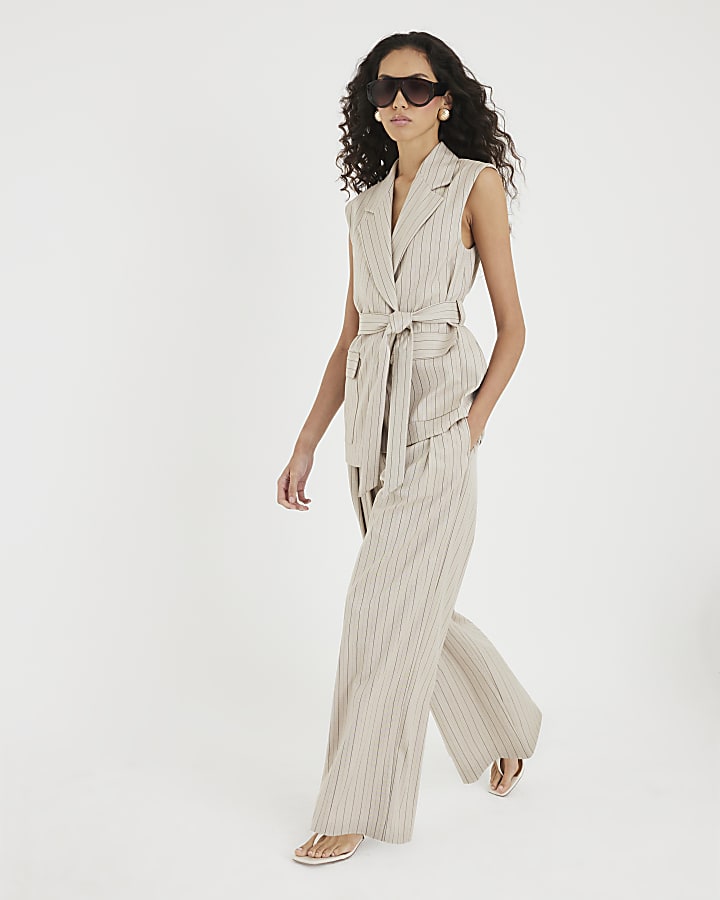 Beige Stripe Wide Leg Trousers