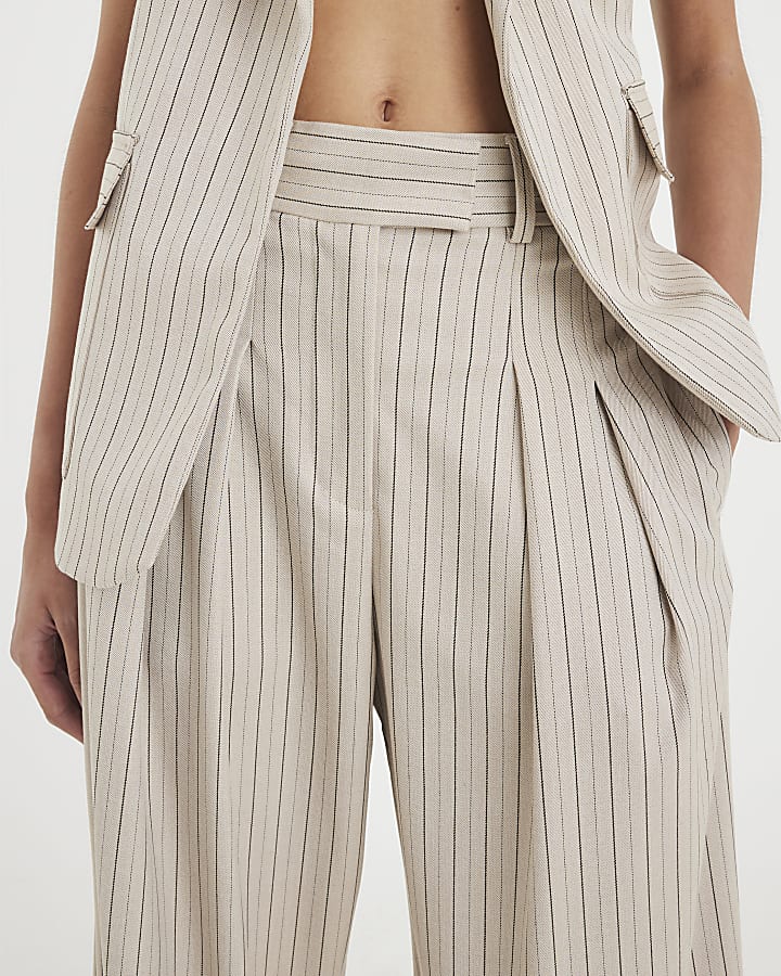 Beige Stripe Wide Leg Trousers