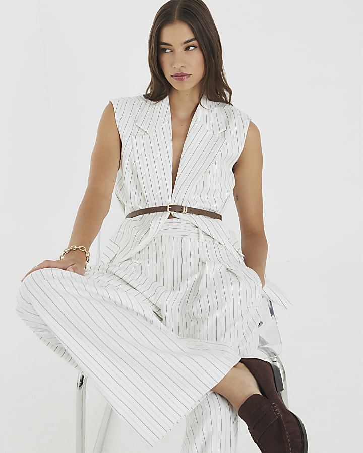 Cream Stripe Wide Leg Trousers