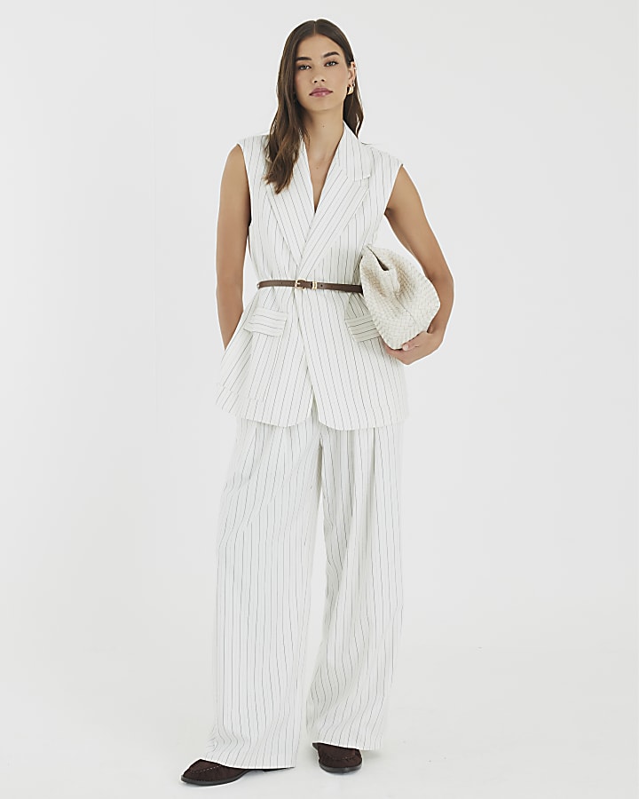 Cream Stripe Wide Leg Trousers