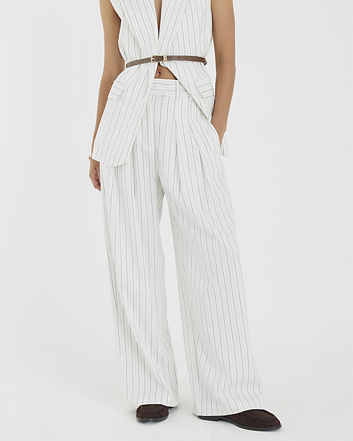 Cream Stripe Wide Leg Trousers