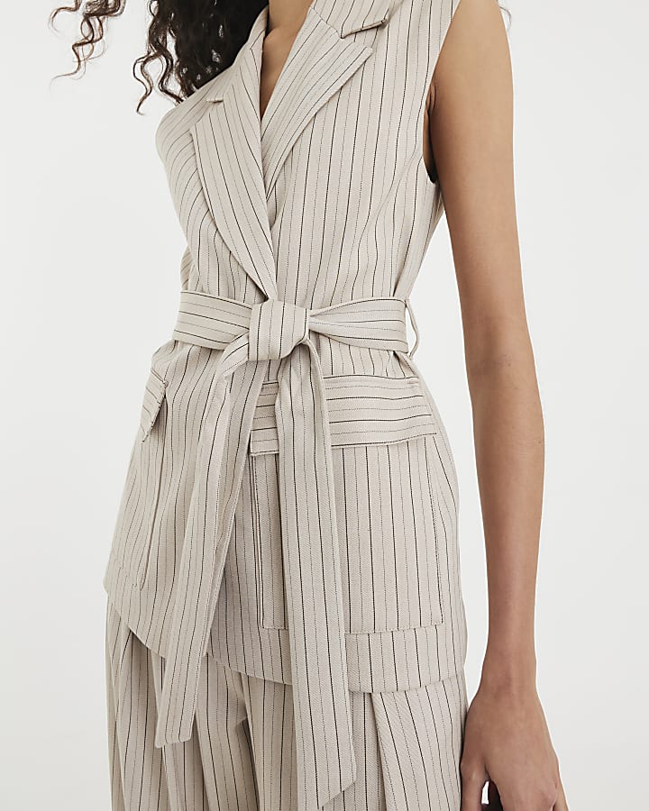 Beige Stripe Sleeveless Waistcoat