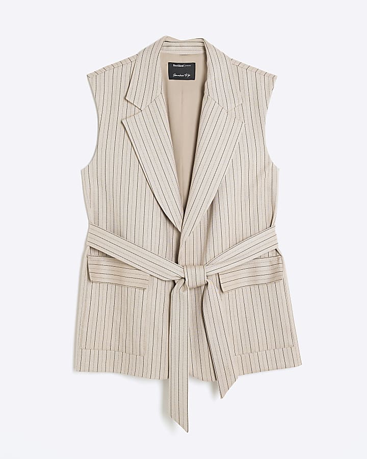 Beige Stripe Sleeveless Waistcoat