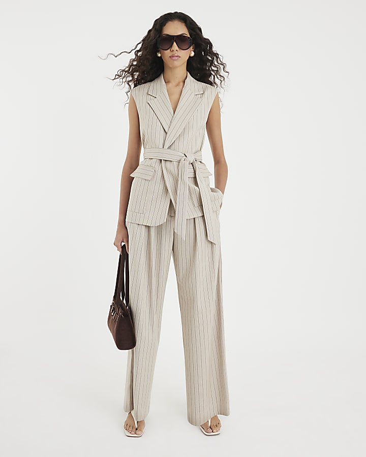 Beige Stripe Sleeveless Waistcoat