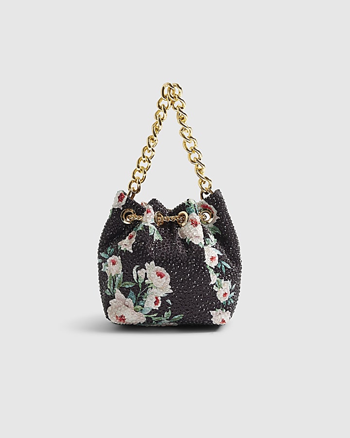 Black Floral Diamante Bucket Clutch Bag