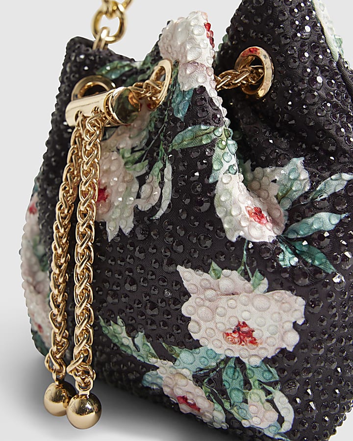 Black Floral Diamante Bucket Clutch Bag