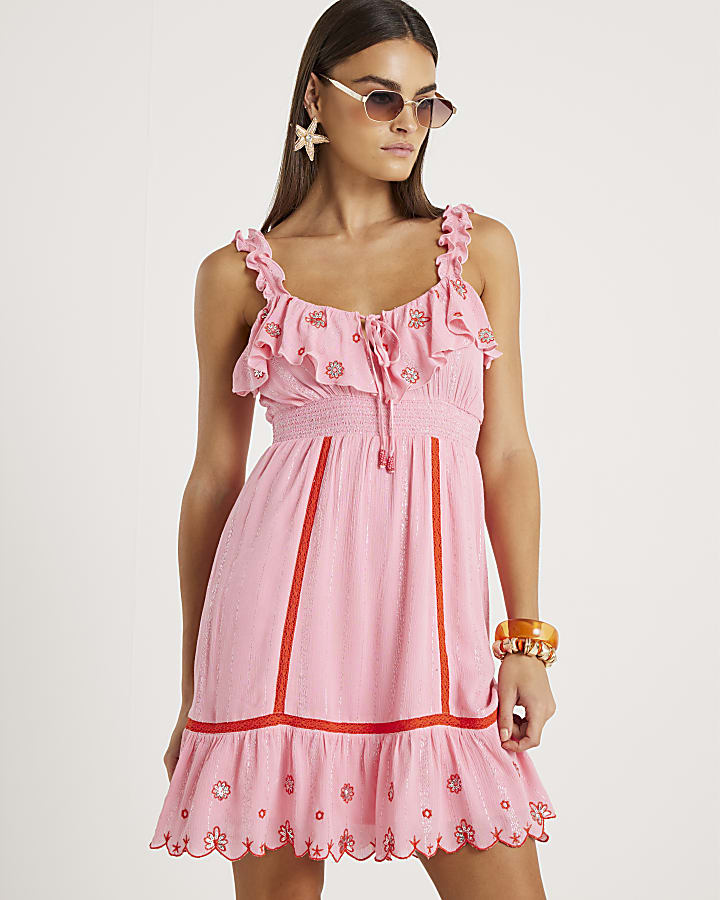 Pink floral embellished beach dress