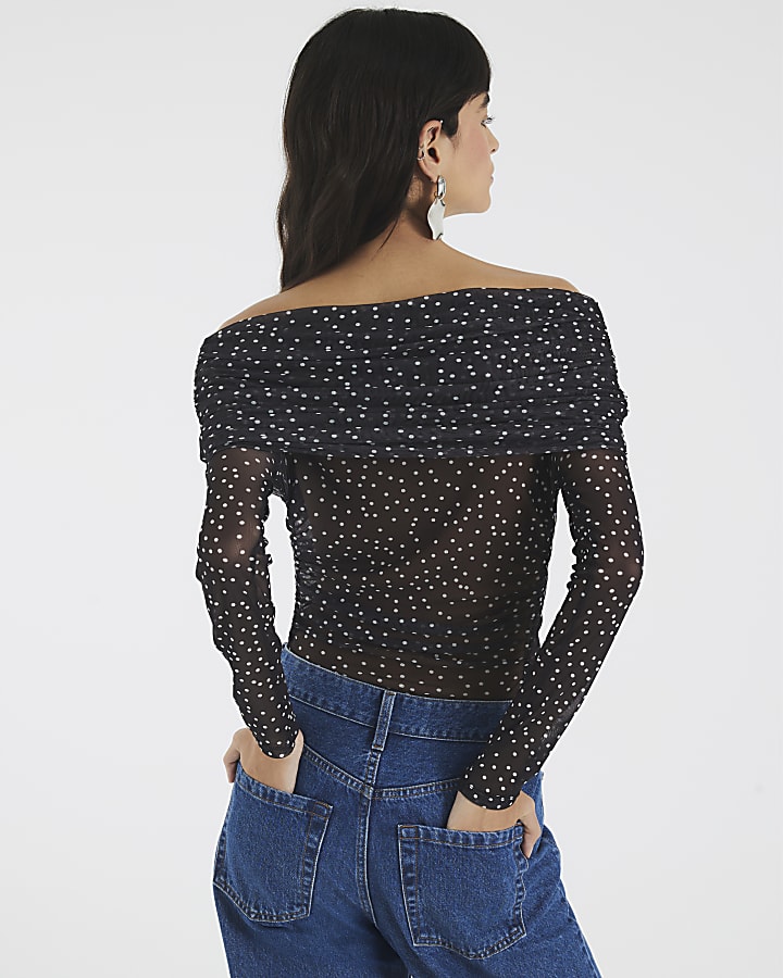 Black Polka Dot Corsage Bardot Bodysuit