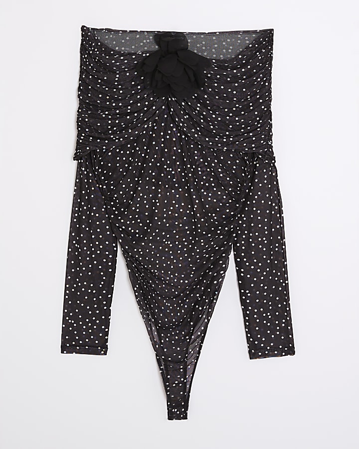 Black Polka Dot Corsage Bardot Bodysuit