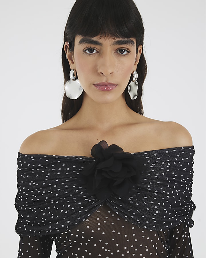 Black Polka Dot Corsage Bardot Bodysuit