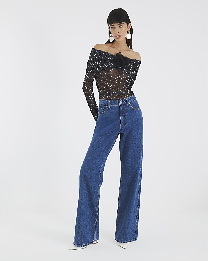 Black Polka Dot Corsage Bardot Bodysuit