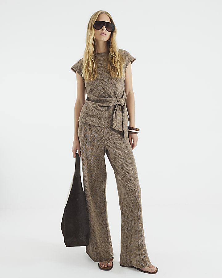 Brown Short Sleeve Tie Detail Textured Top