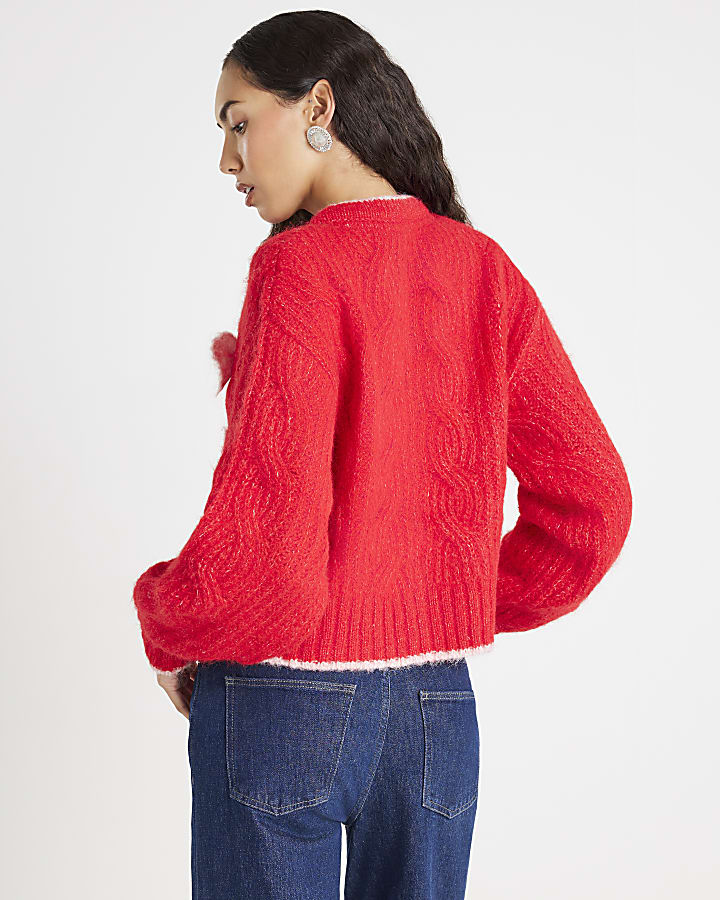 Red Pearl Detail Bow Cardigan
